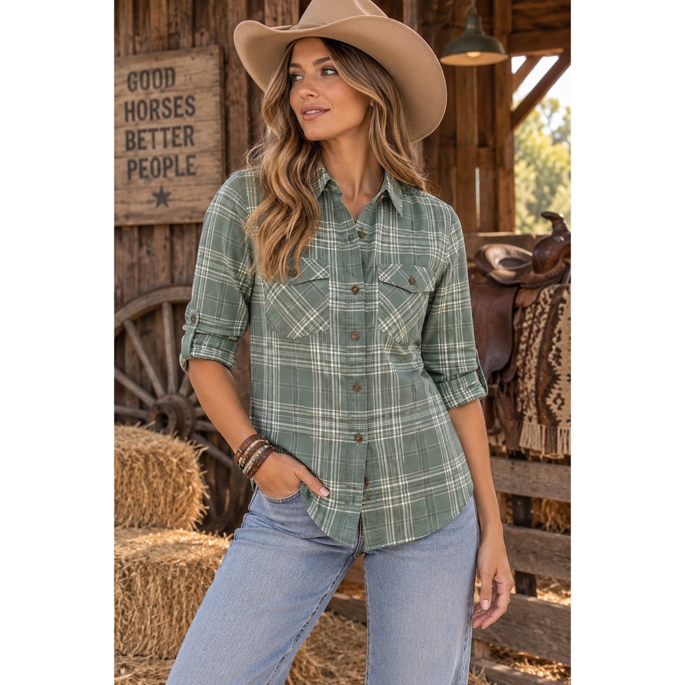 Carhartt Women's Rugged Flex Plaid Utility Work Shirt Khaki Green S Gorpcore